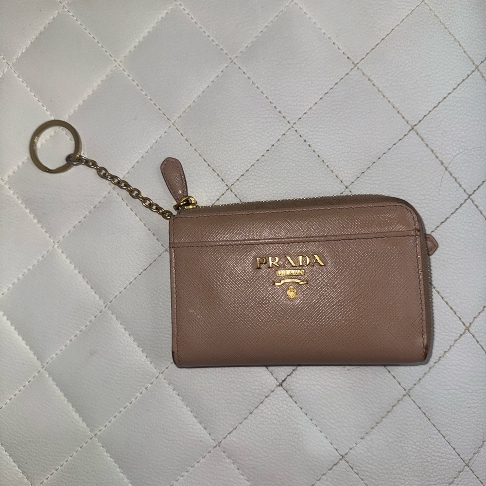 Prada Beige Leather Keychain Wallet with Gold Logo